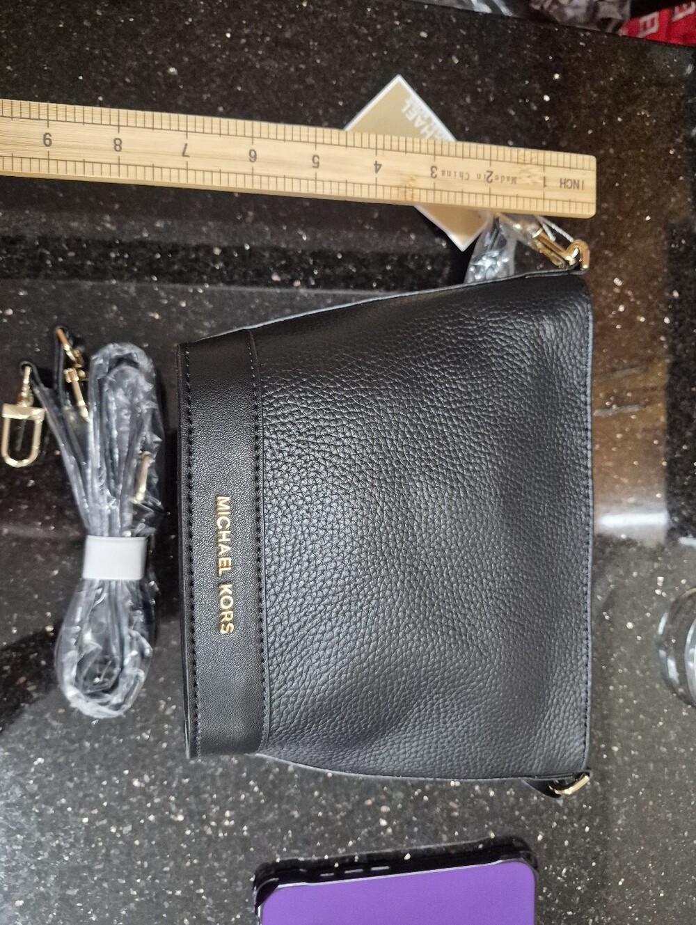 Michael Kors Black Pebbled Leather Shoulder Bag with Gold Logo